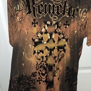 Remetee Men’s Graphic Tee – Size Large – Cross & Roses Design – Burnout Brown/Bl